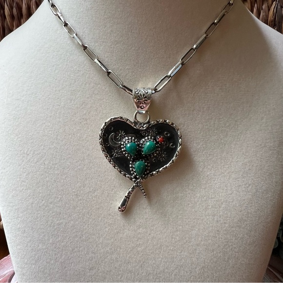 925 Sterling Silver Heart Snake Cactus Pendant Southwest Desert Boho - Picture 11 of 14